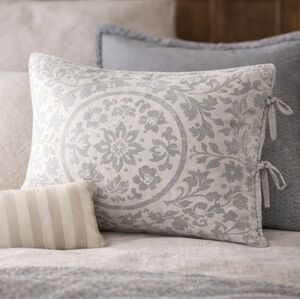 Pottery Barn Ana Medallion Smoke Gray Standard Sham  Cotton Linen Floral Tie